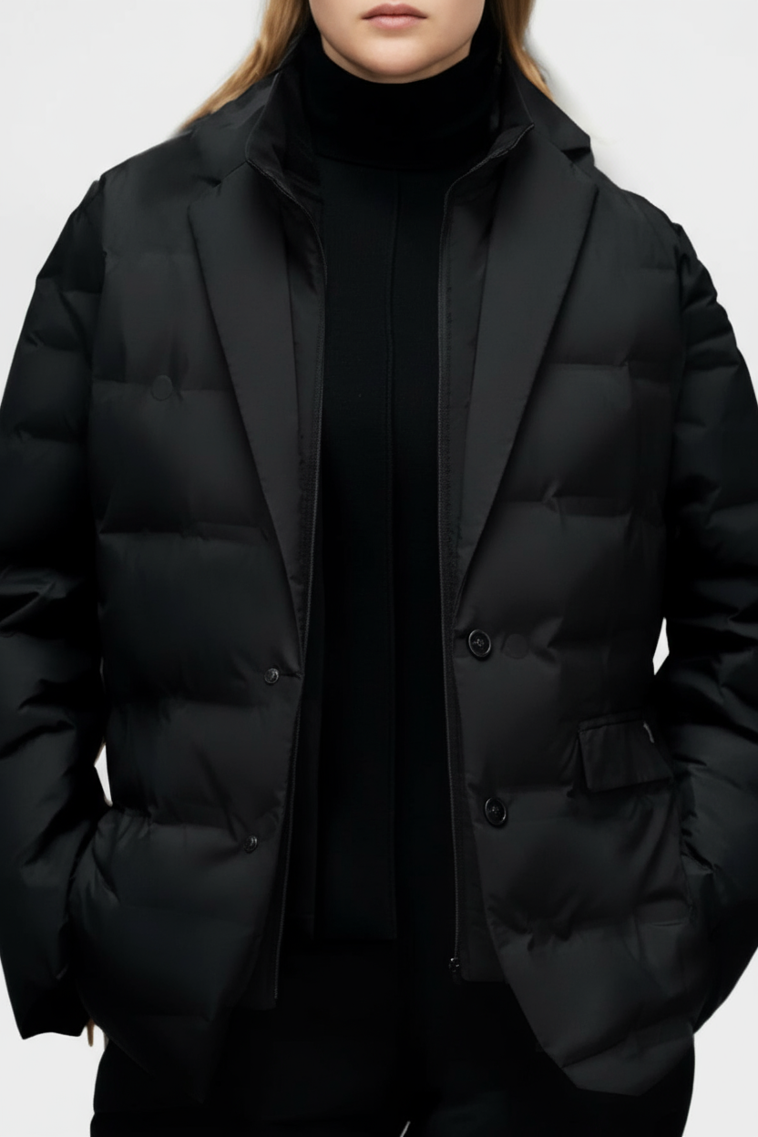 Women's Elegant Tailored Quilted Puffer Blazer Jacket with Notched Lapels and Button Front – Warm Padded Long Sleeve Winter Outerwear with Relaxed Fit and Flap Pockets for Smart Casual Office and Everyday City Wear
