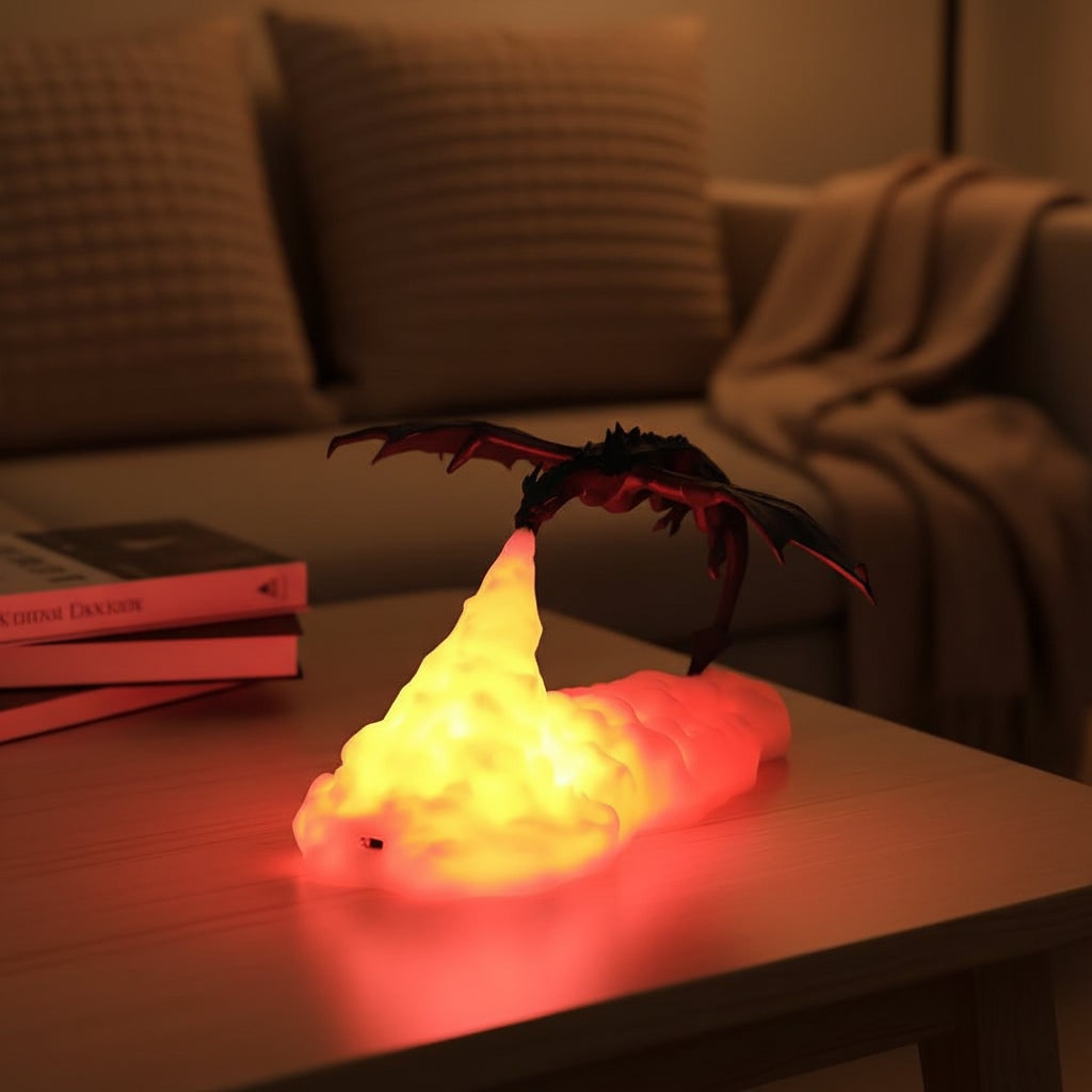 Kids' Halloween Dragon Night Light Bedside Table Lamp with 3D Printed Fire Glow Red
