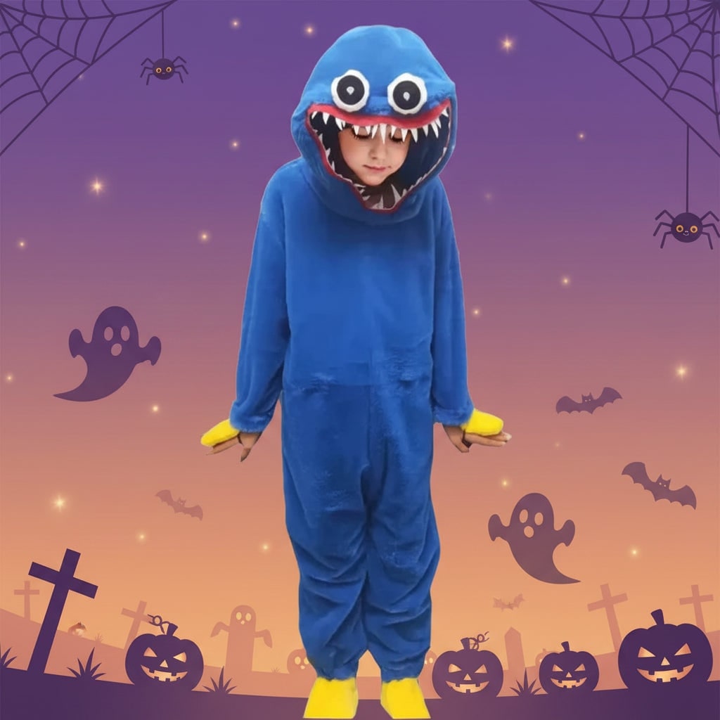 Kids' Halloween Plush Monster Jumpsuit Costume with Hood and Felt Teeth