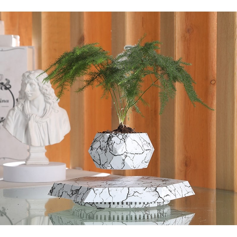 Levitating Plant Pot with Floating Magnetic Base and Marble Pattern Rotating Planter