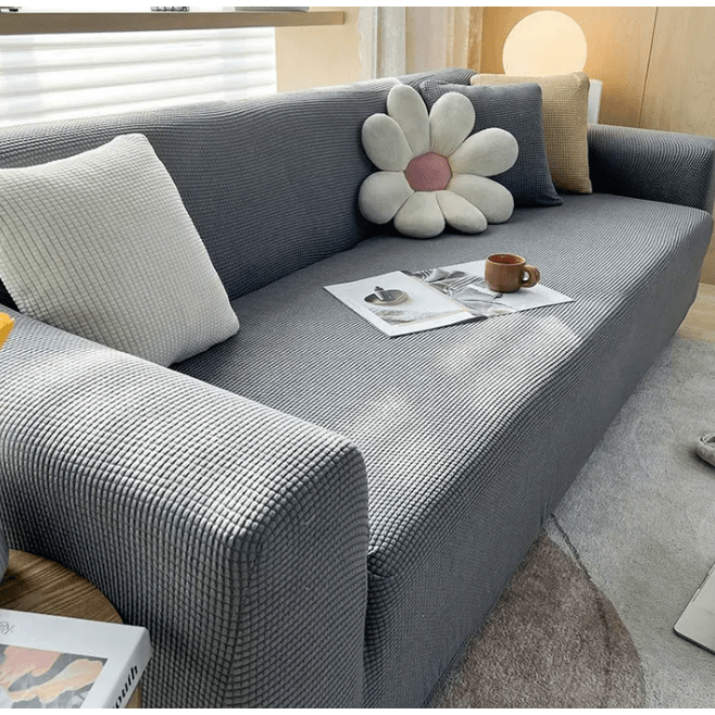 Stretch Sofa Cover with Jacquard Ribbed Fabric and Non-Slip Backing
