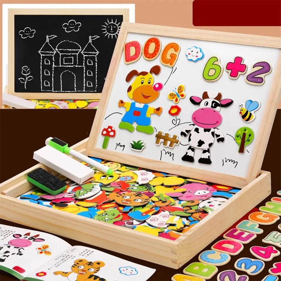 Kids' Wooden Storage Box Magnetic Puzzle with Double-Sided Easel and Chalkboard