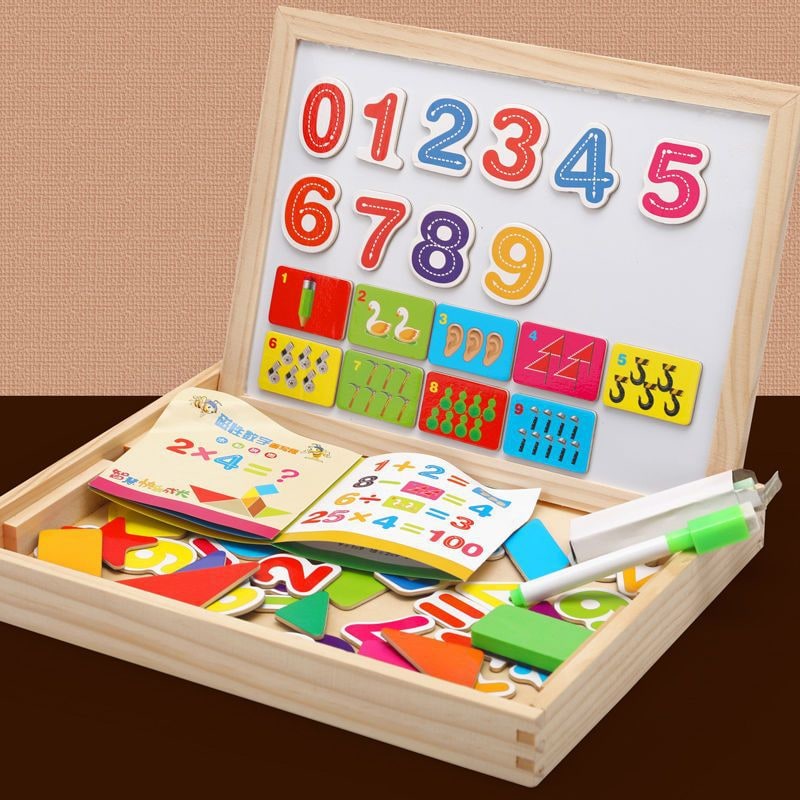 Kids' Wooden Storage Box Magnetic Puzzle with Double-Sided Easel and Chalkboard