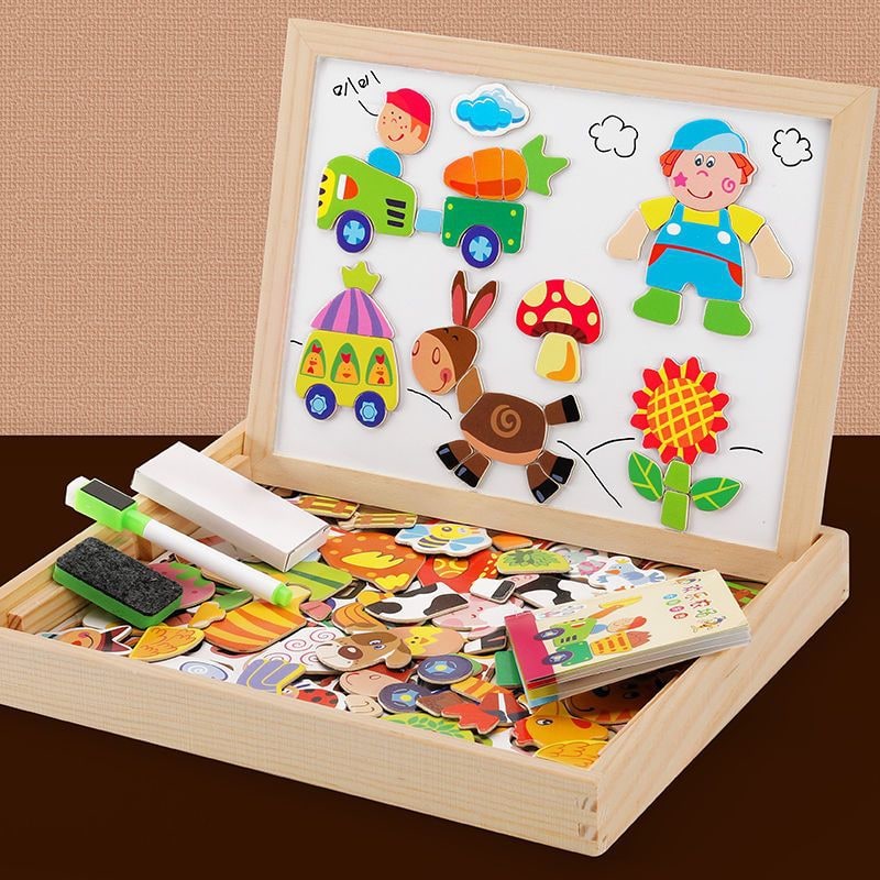 Kids' Wooden Storage Box Magnetic Puzzle with Double-Sided Easel and Chalkboard