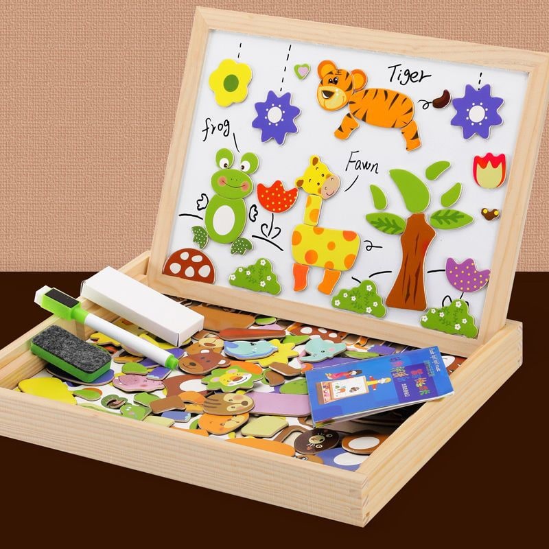 Kids' Wooden Storage Box Magnetic Puzzle with Double-Sided Easel and Chalkboard
