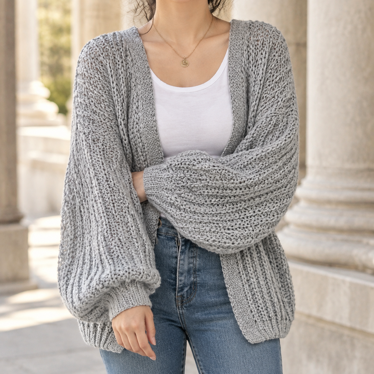 Kim - Women's Chunky Knit Cardigan with Balloon Sleeves