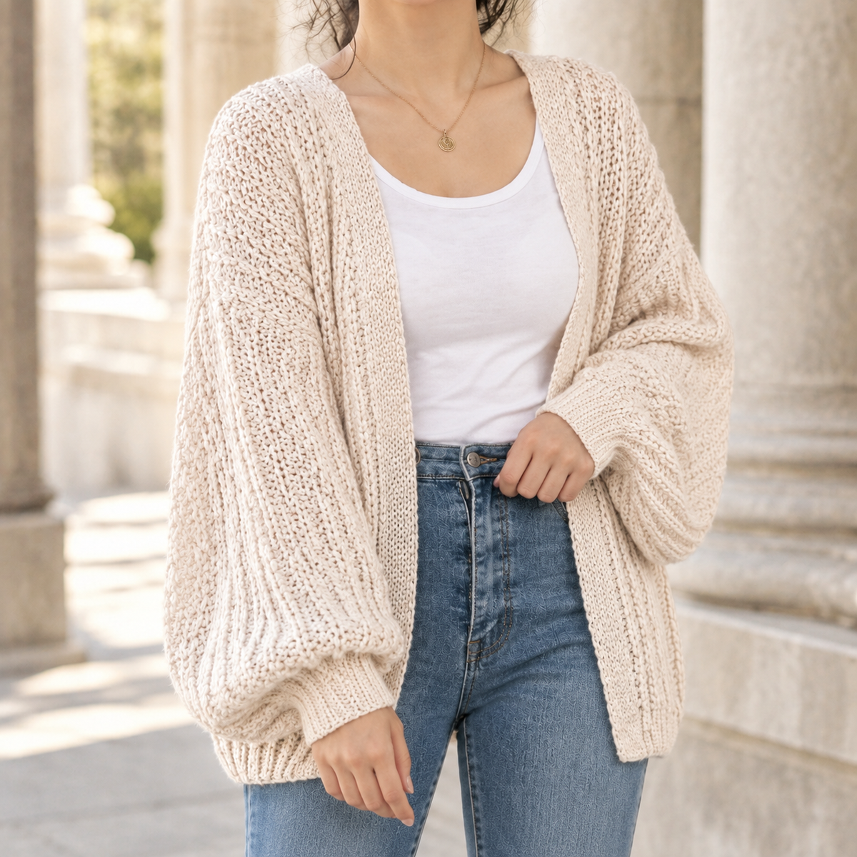 Kim - Women's Chunky Knit Cardigan with Balloon Sleeves