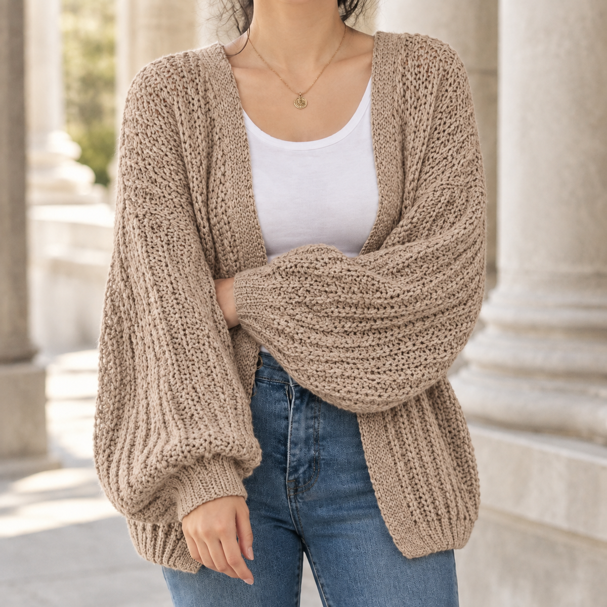 Kim - Women's Chunky Knit Cardigan with Balloon Sleeves