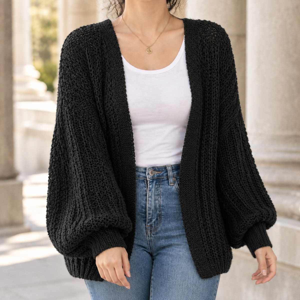 Kim - Women's Chunky Knit Cardigan with Balloon Sleeves