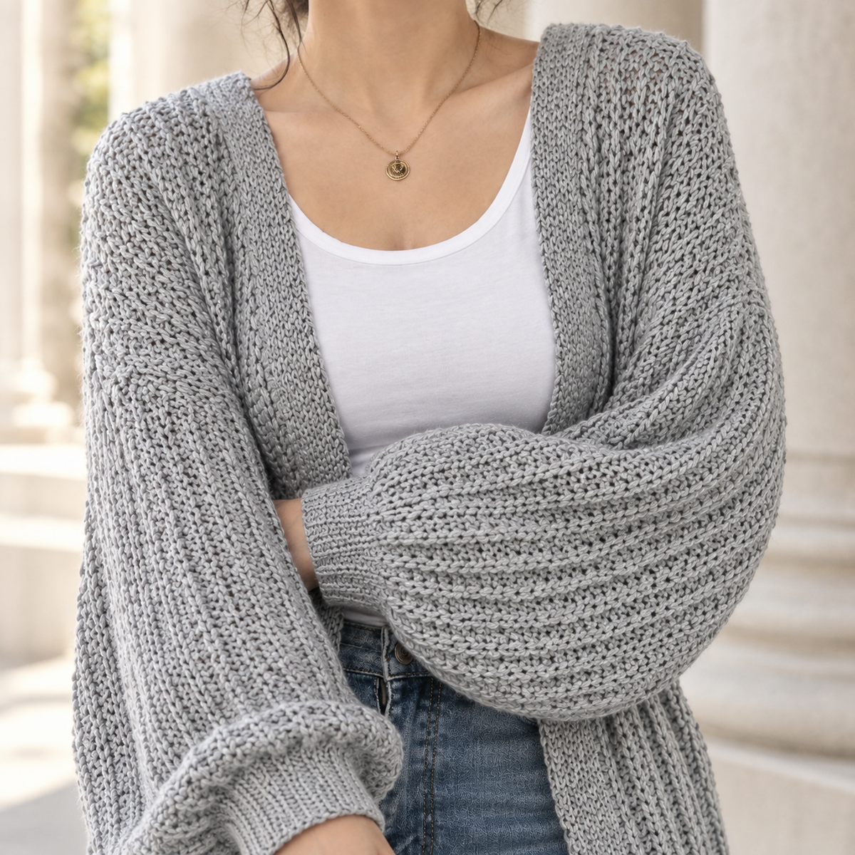 Kim - Women's Chunky Knit Cardigan with Balloon Sleeves