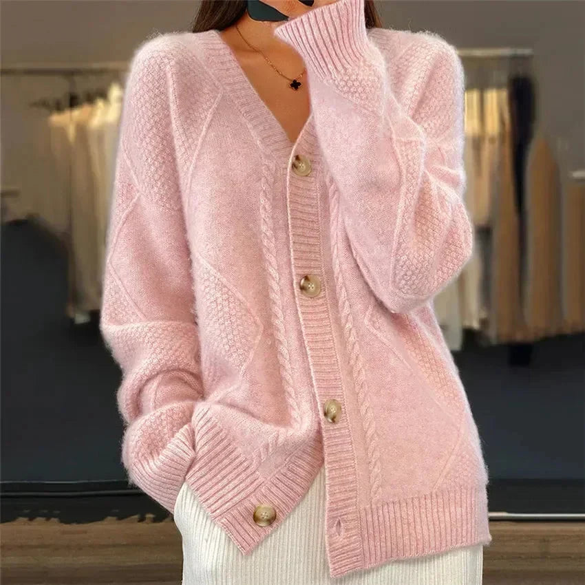 Kinsley - Women's Diamond Cable-Knit V-Neck Button-Front Cardigan