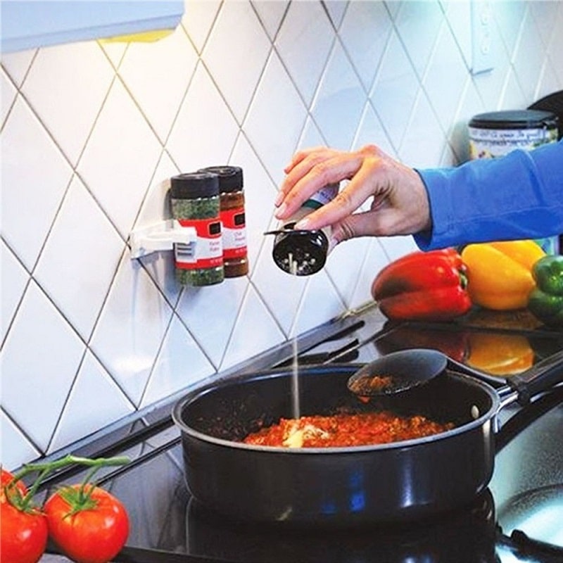 Kitchen Cabinet Spice Rack Organizer with Adhesive Gripper Clips for Wall Hanging Storage