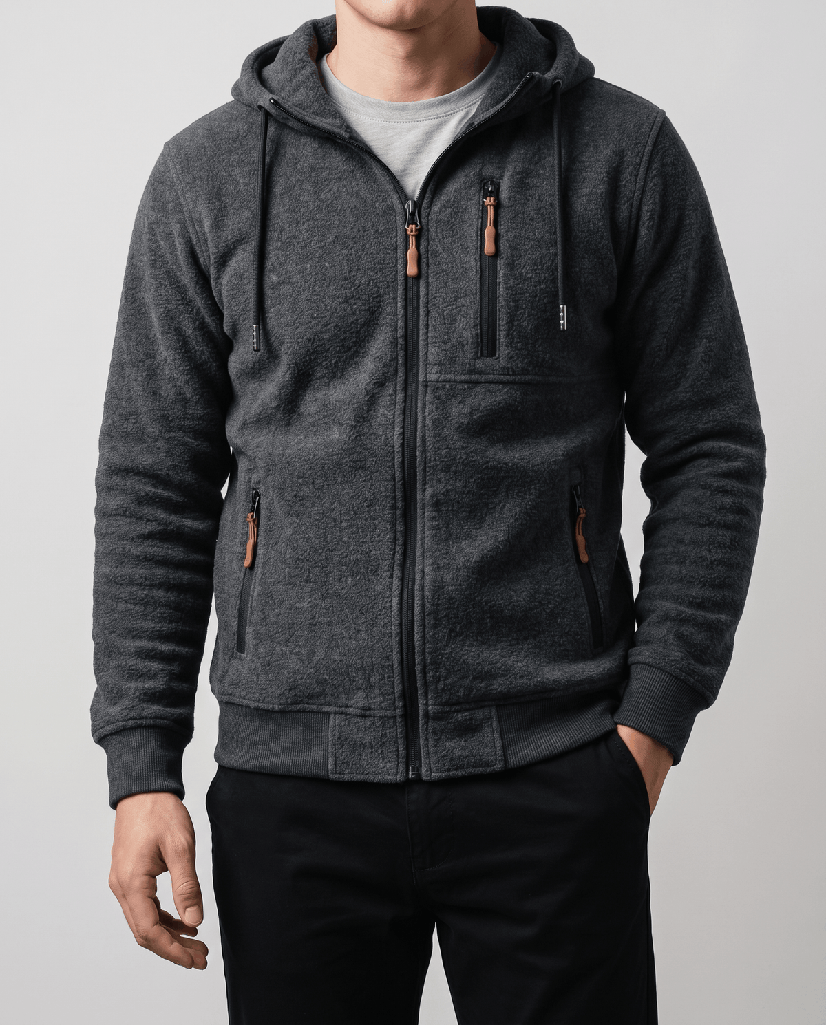Knit Fleece Zip-Up Hoodie – Chest Pocket, Drawstring Hood & Regular Fit | Getaria