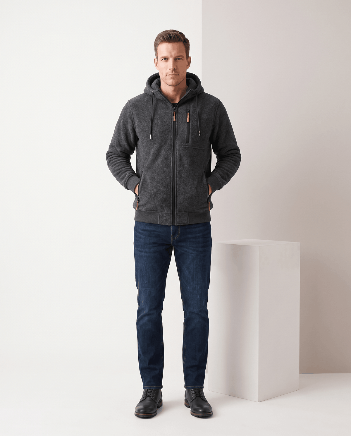 Knit Fleece Zip-Up Hoodie – Chest Pocket, Drawstring Hood & Regular Fit | Getaria