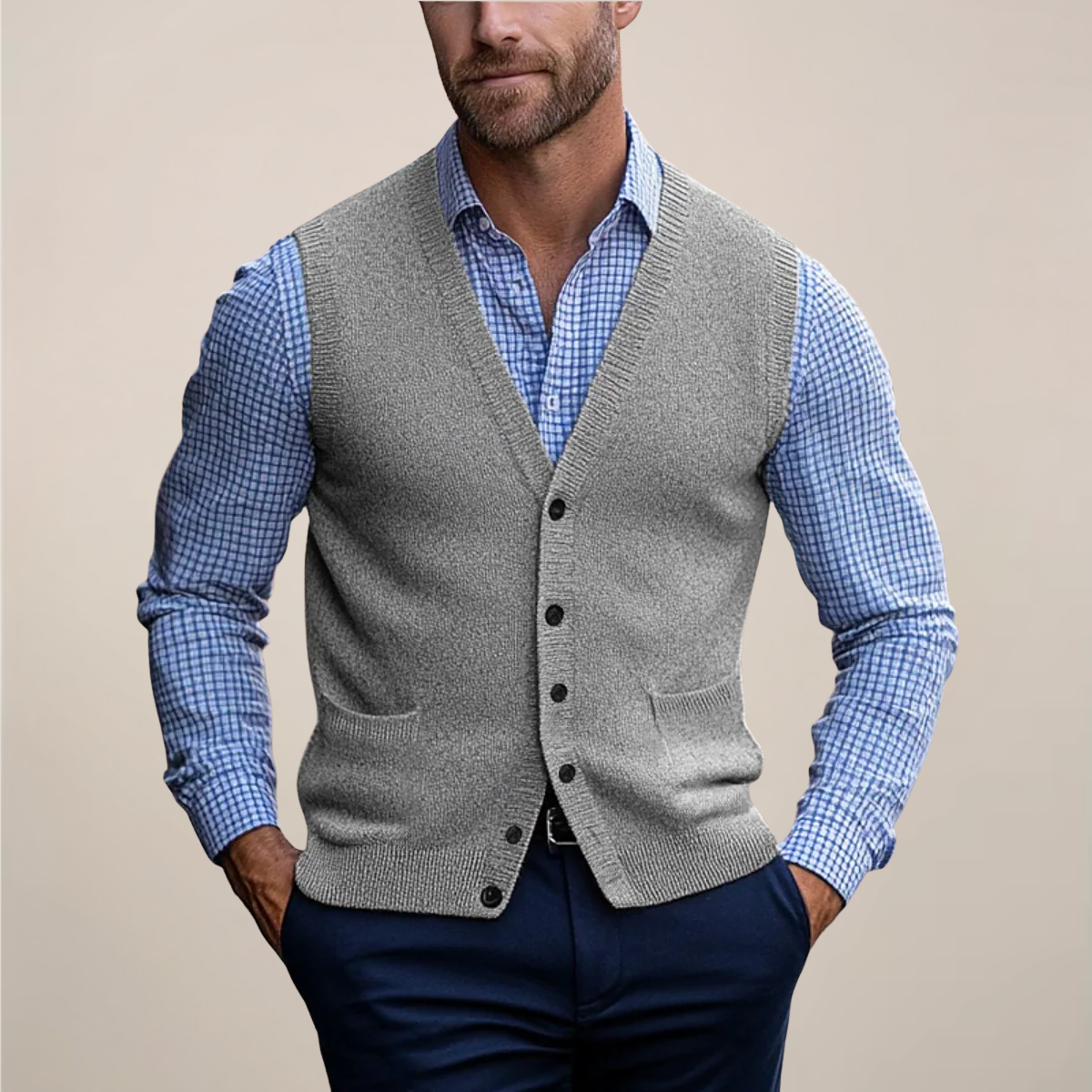Trevor | Men's Button Up Sweater Vest V Neck Pockets