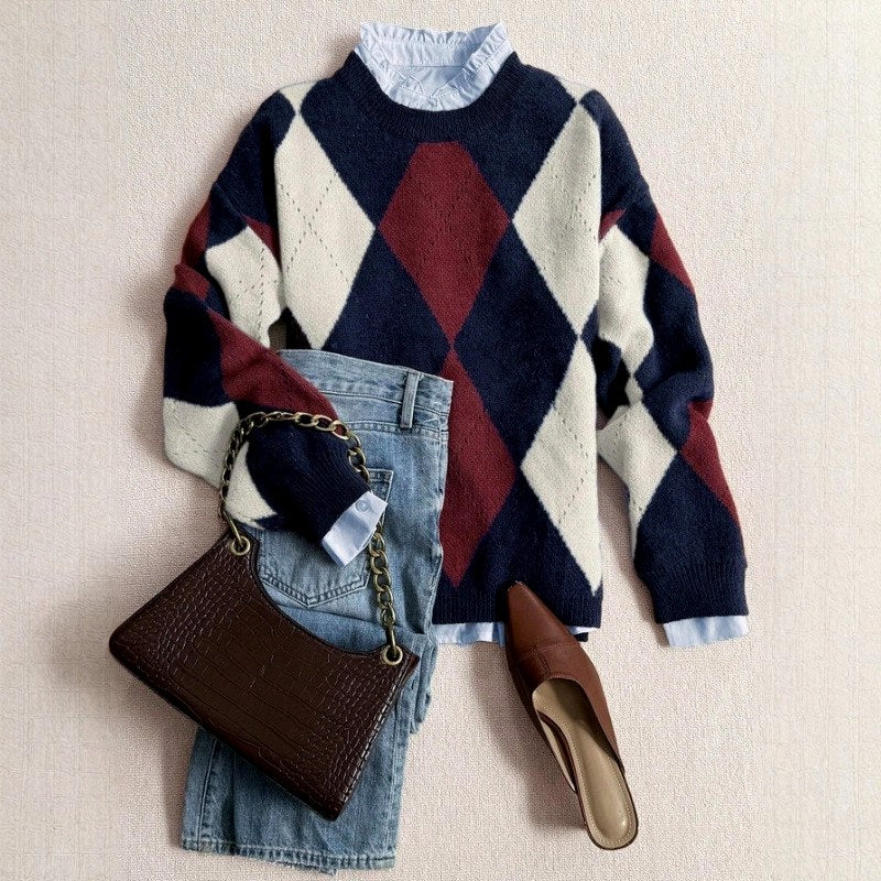 Krisna - Women's Argyle Pattern Knit Sweater