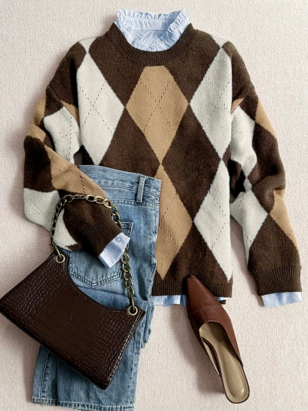 Krisna - Women's Argyle Pattern Knit Sweater
