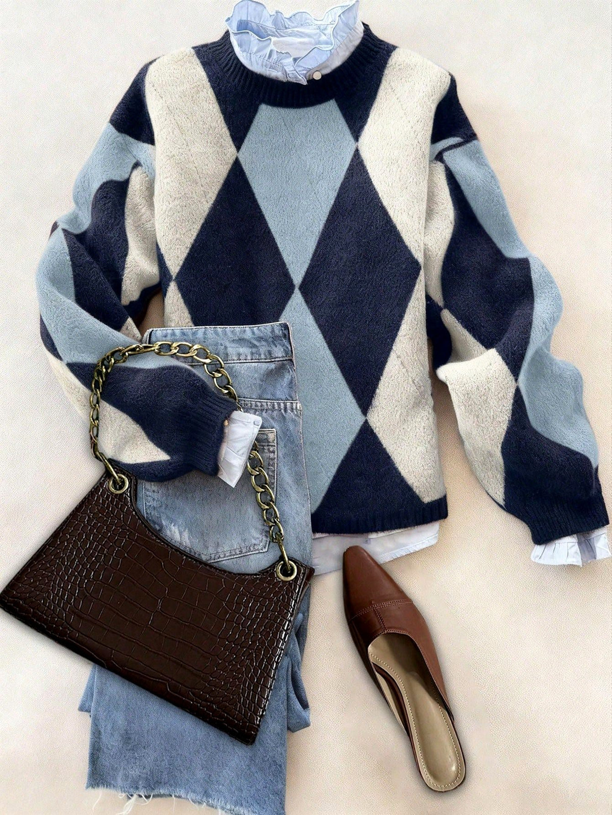 Krisna - Women's Argyle Pattern Knit Sweater