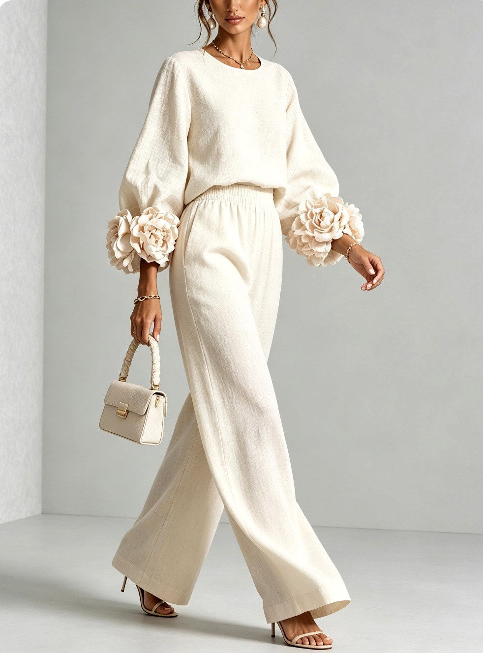 Kristy - Women's Floral Cuff Wide Leg Matching Set