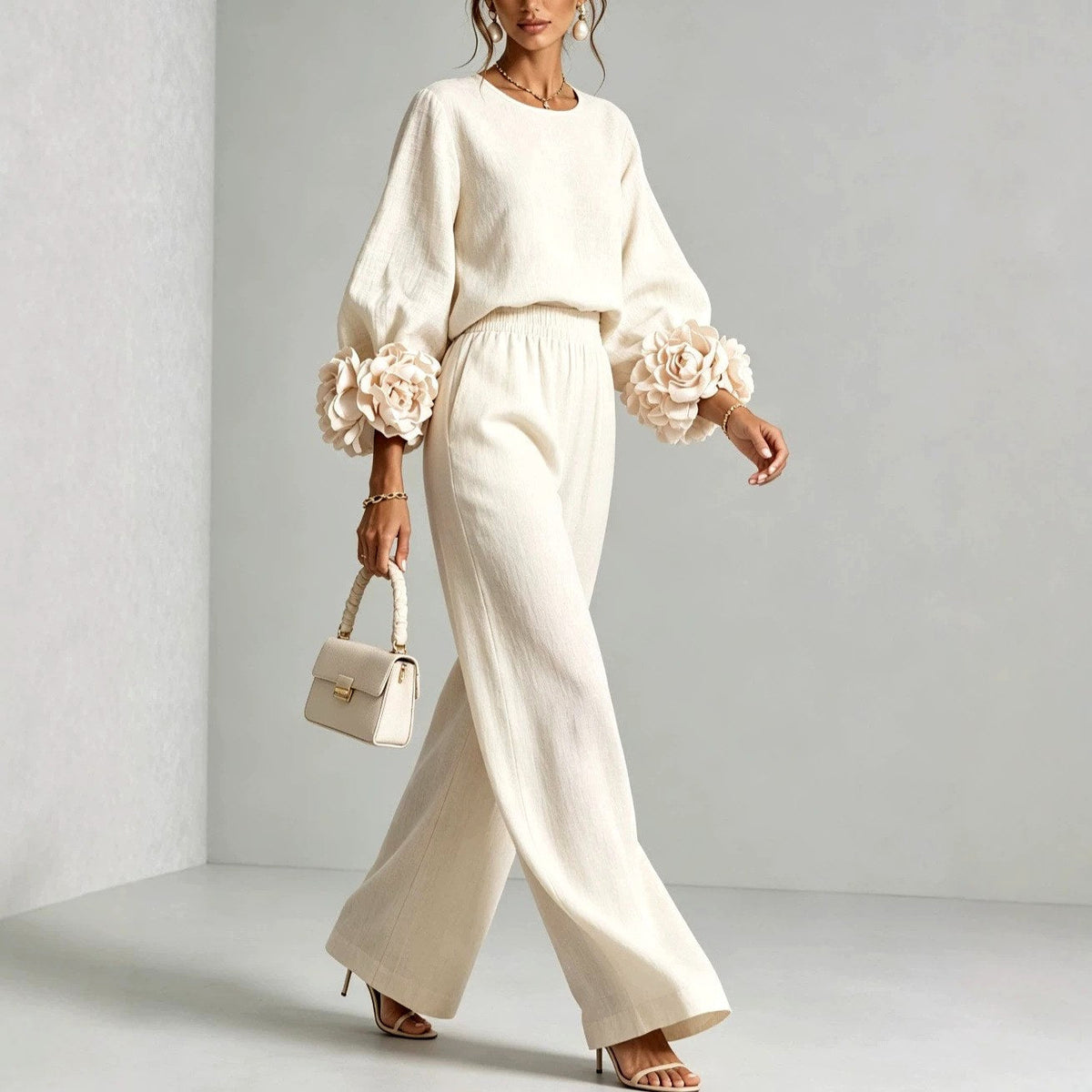 Kristy - Women's Floral Cuff Wide Leg Matching Set