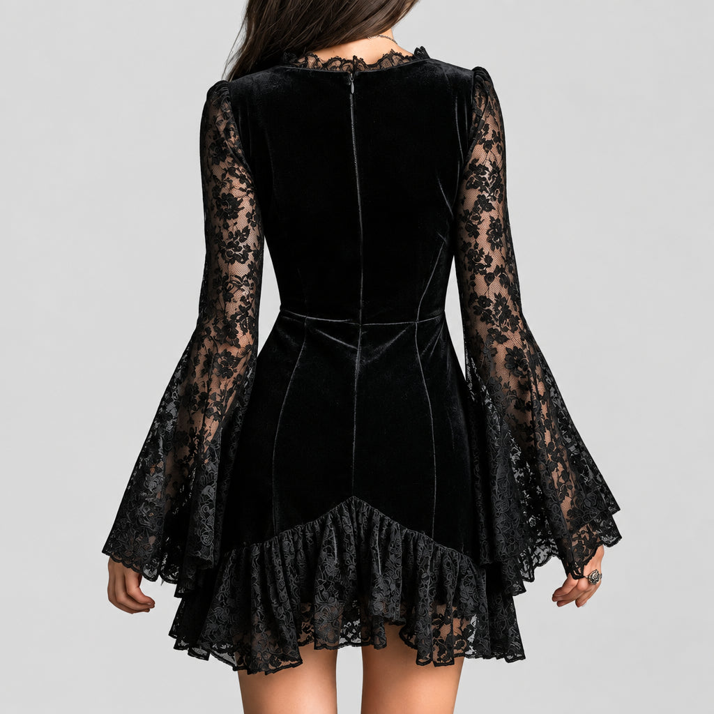Kyline - Women's Lace Trim V-Neck Velvet Dress