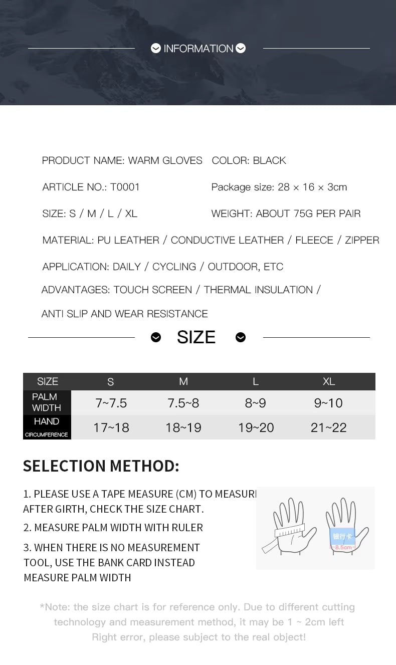 Ladies Winter Gloves Waterproof Touchscreen with Zippered Wrist and Non-Slip Palm
