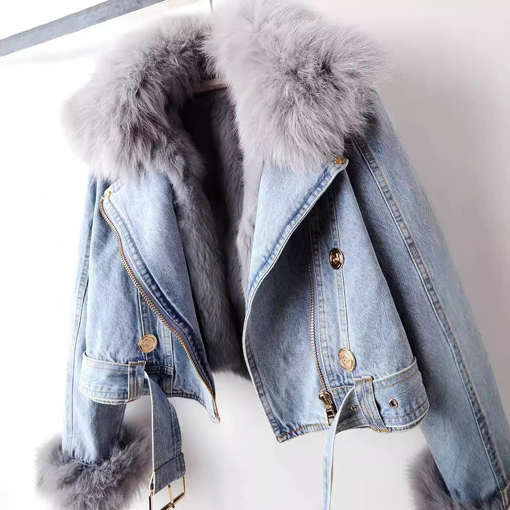 Maya | Women's Winter Denim Jacket Faux Fur Lined Fuzzy Collar