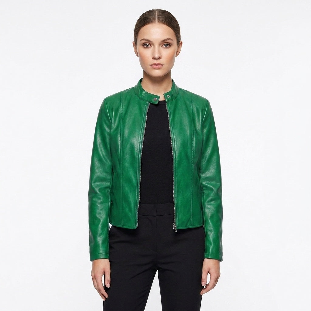 Adriana | Women's Fitted Leather Jacket Biker Stand Collar