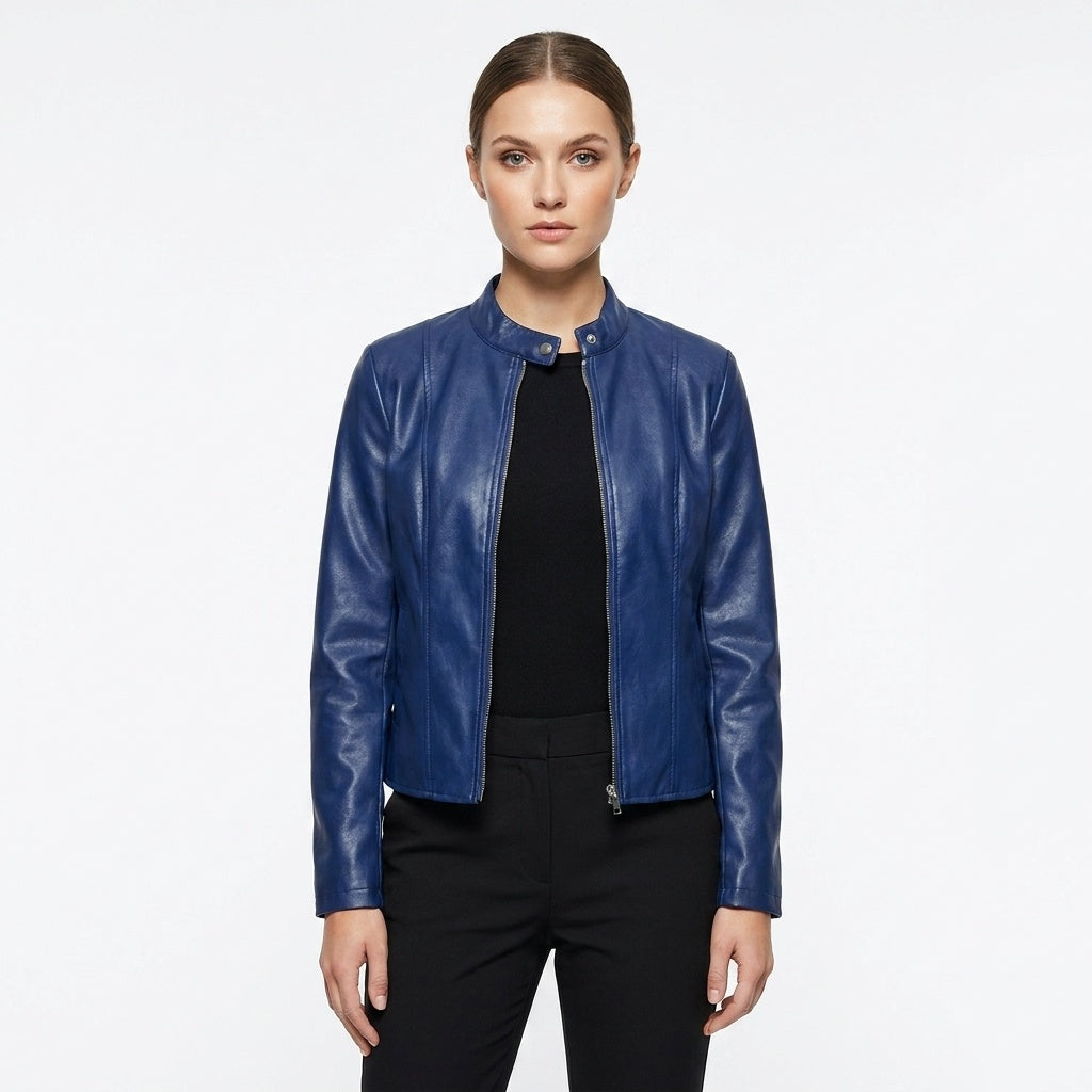 Adriana | Women's Fitted Leather Jacket Biker Stand Collar