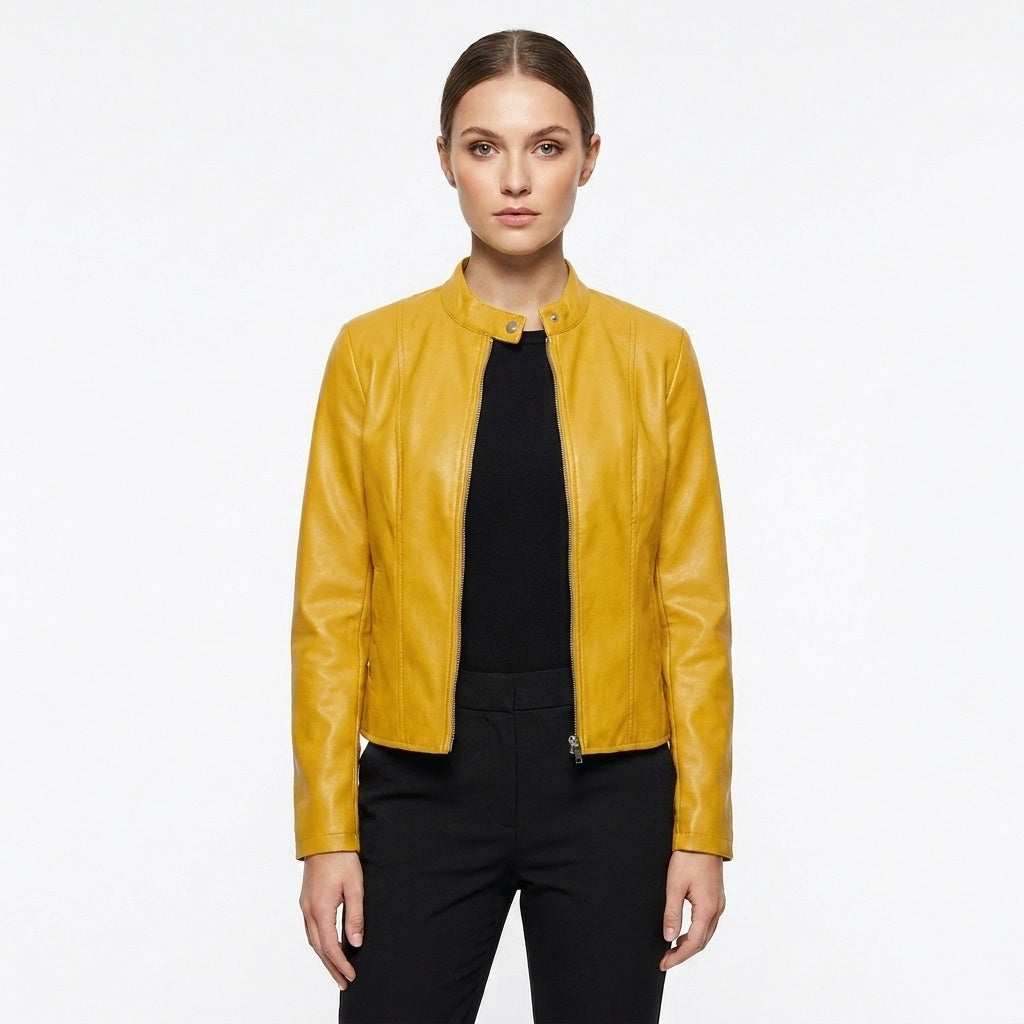 Adriana | Women's Fitted Leather Jacket Biker Stand Collar