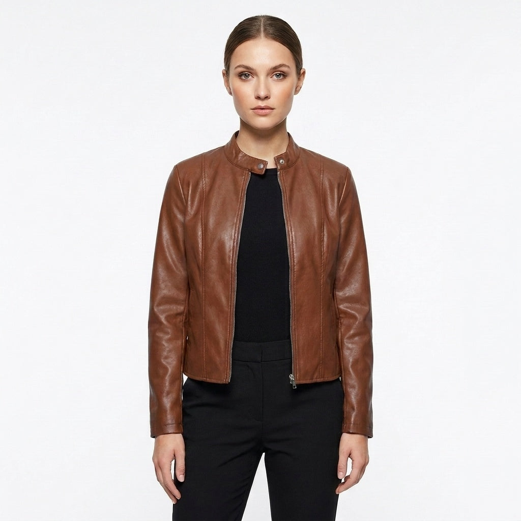 Adriana | Women's Fitted Leather Jacket Biker Stand Collar