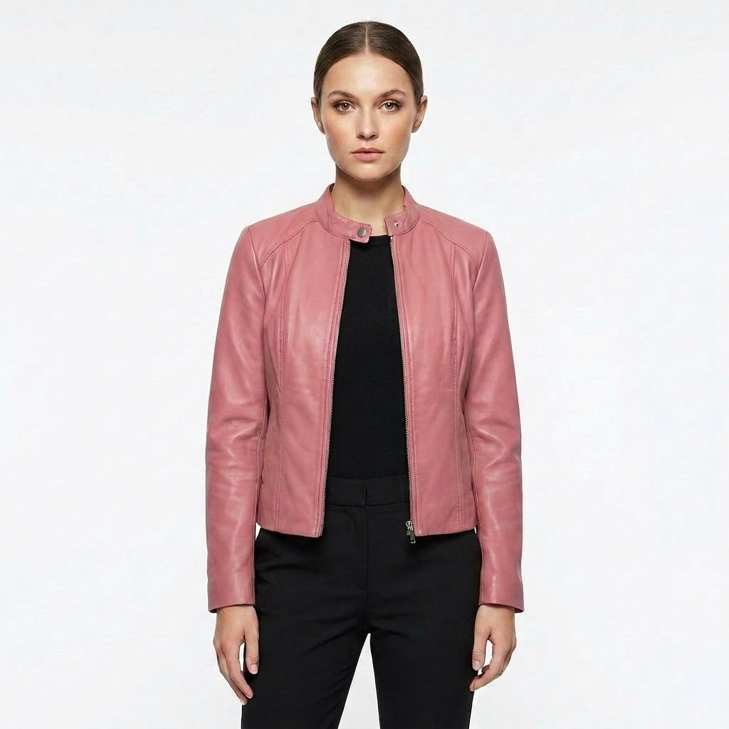Adriana | Women's Fitted Leather Jacket Biker Stand Collar