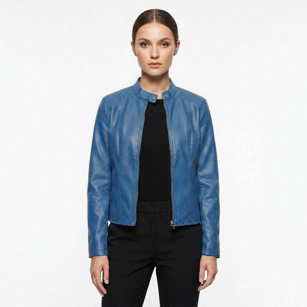 Adriana | Women's Fitted Leather Jacket Biker Stand Collar