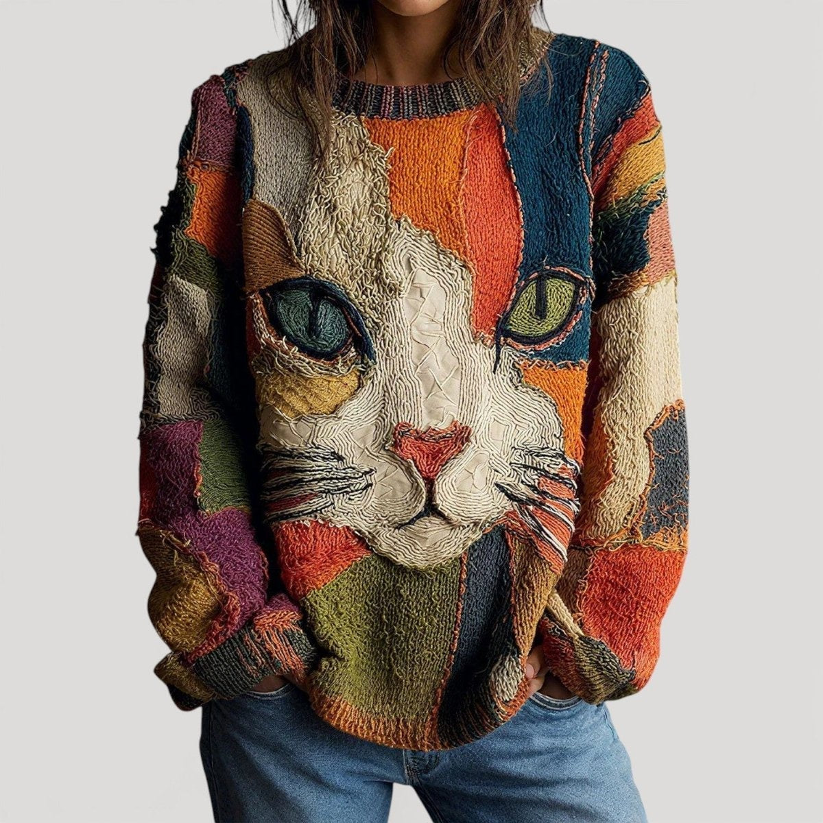 Madison | Women's Cat Print Knit Sweater Crew Neck Long Sleeve