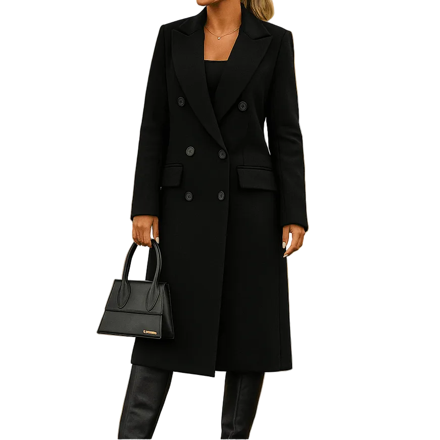Women’s Elegant Long Wool Winter Coat – Tailored Double-Breasted Overcoat with Notched Lapels for Sophisticated Office and Autumn Winter Wear