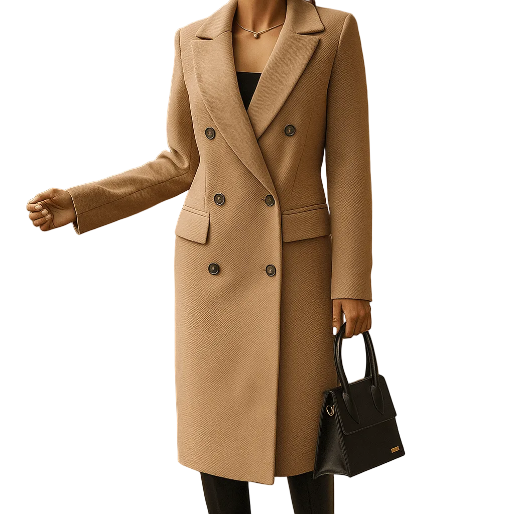 Women’s Elegant Long Wool Winter Coat – Tailored Double-Breasted Overcoat with Notched Lapels for Sophisticated Office and Autumn Winter Wear