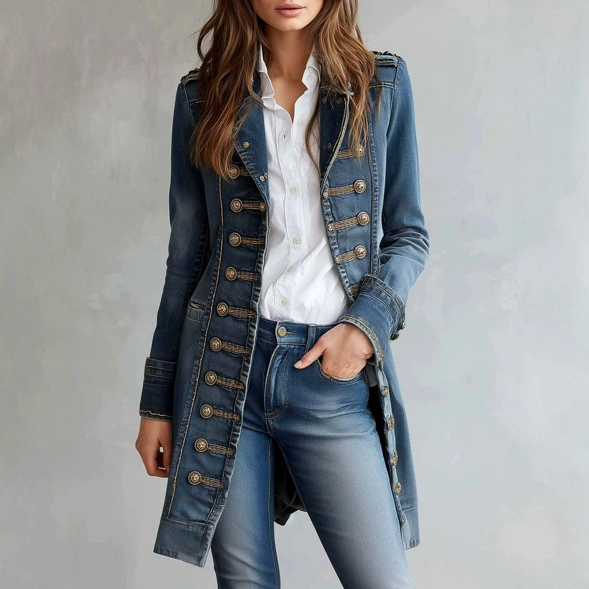 Lauren - Women's Denim Military Style Coat