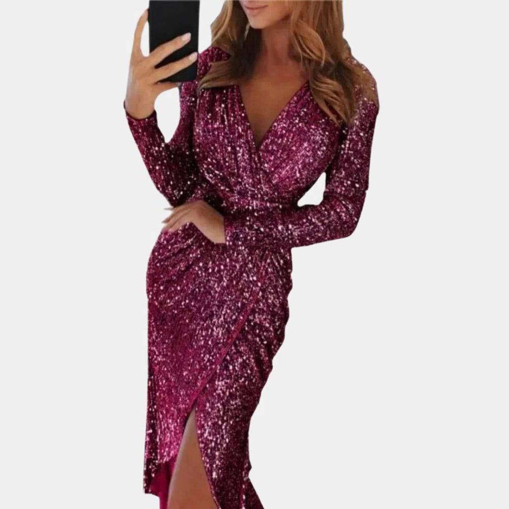 Women's Sequin Wrap Midi Dress | V-Neck Long Sleeve