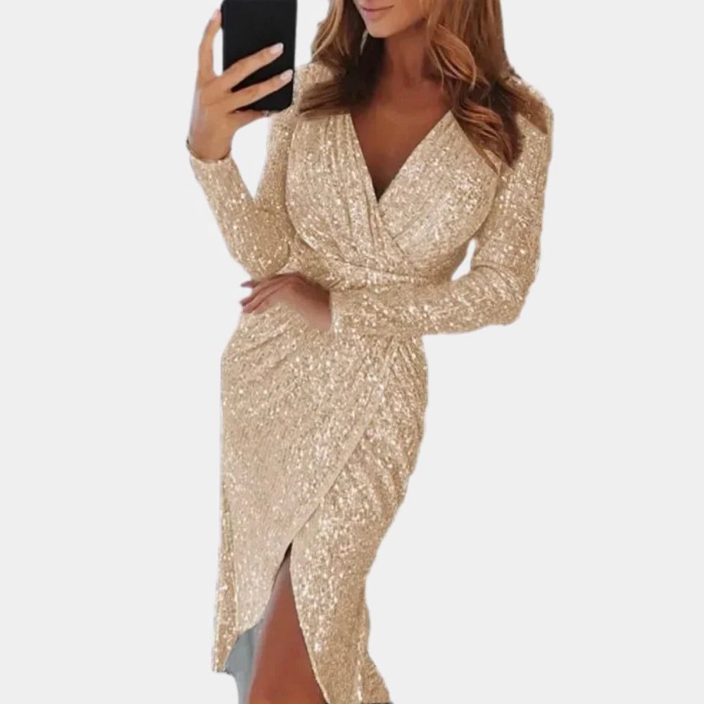 Women's Sequin Wrap Midi Dress | V-Neck Long Sleeve