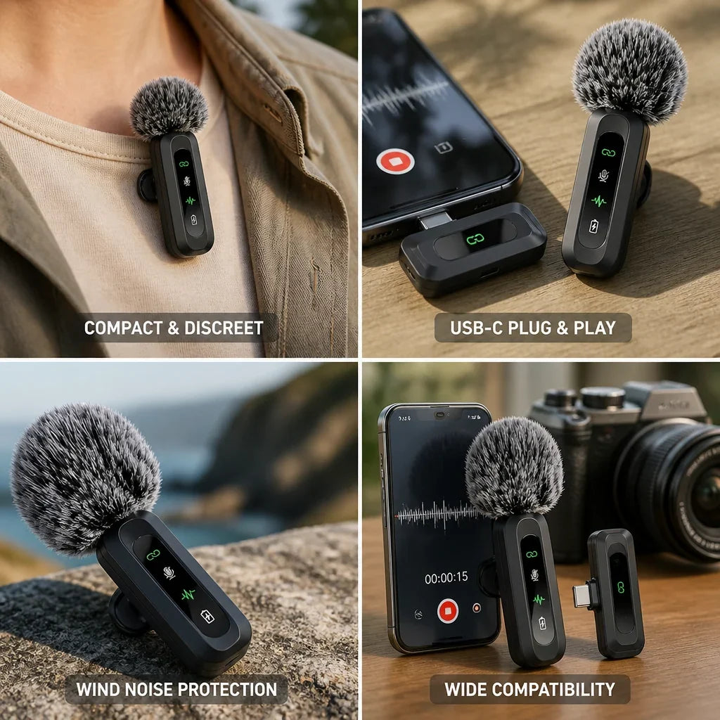 Lavalier Microphone | Compact Wireless USB-C Clip-On | Windscreen & Charger Included