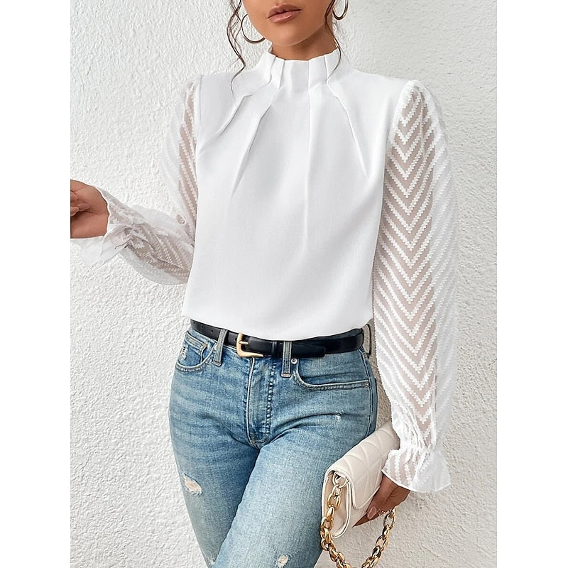Women's High-Neck Blouse with Textured Sleeves