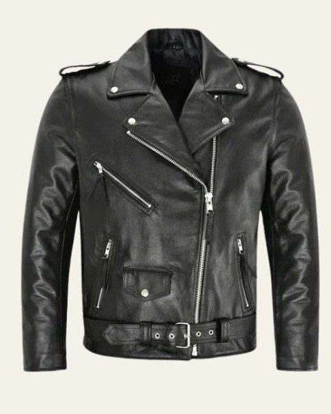 Leather Biker Jacket with Belt for Men