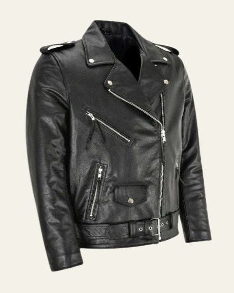 Leather Biker Jacket with Belt for Men