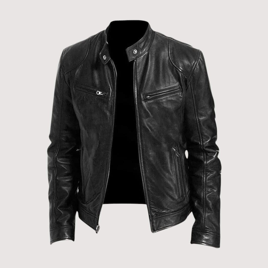 Leather Biker Jacket with Mandarin Collar for Men