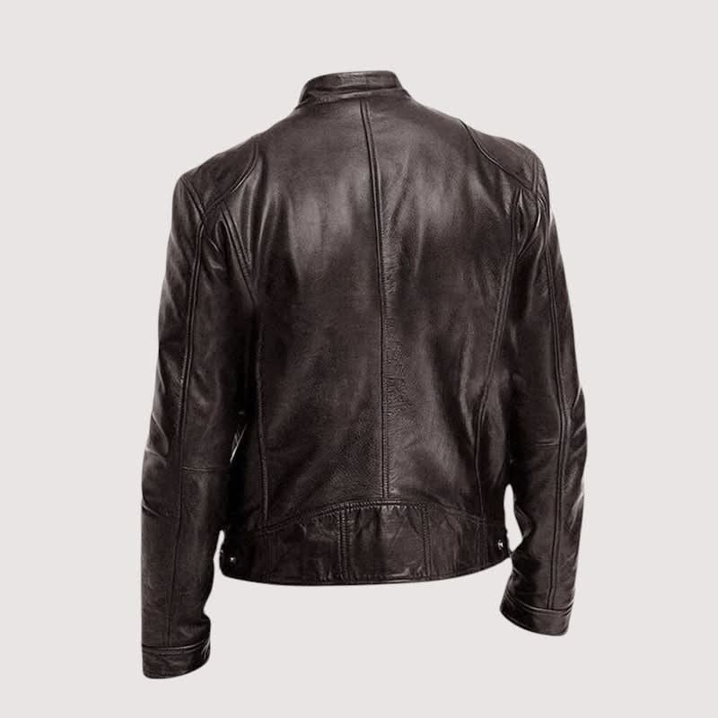 Leather Biker Jacket with Mandarin Collar for Men
