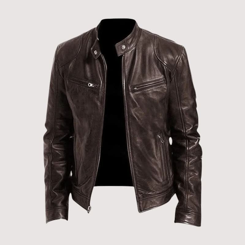 Leather Biker Jacket with Mandarin Collar for Men