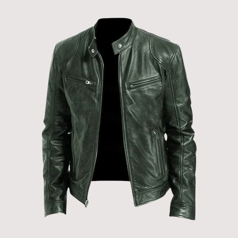 Leather Biker Jacket with Mandarin Collar for Men