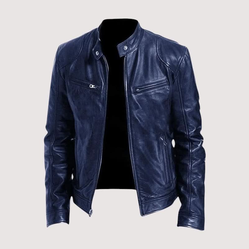 Leather Biker Jacket with Mandarin Collar for Men