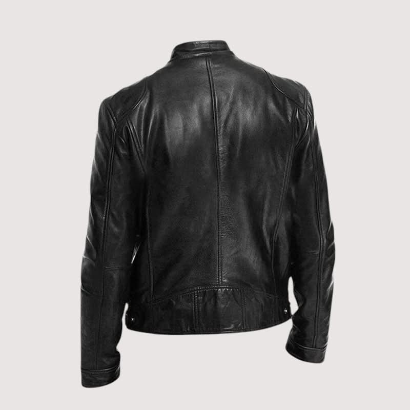 Leather Biker Jacket with Mandarin Collar for Men