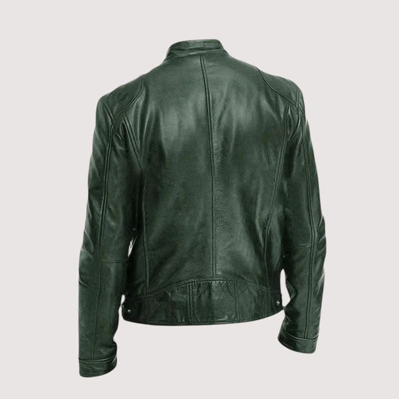 Leather Biker Jacket with Mandarin Collar for Men